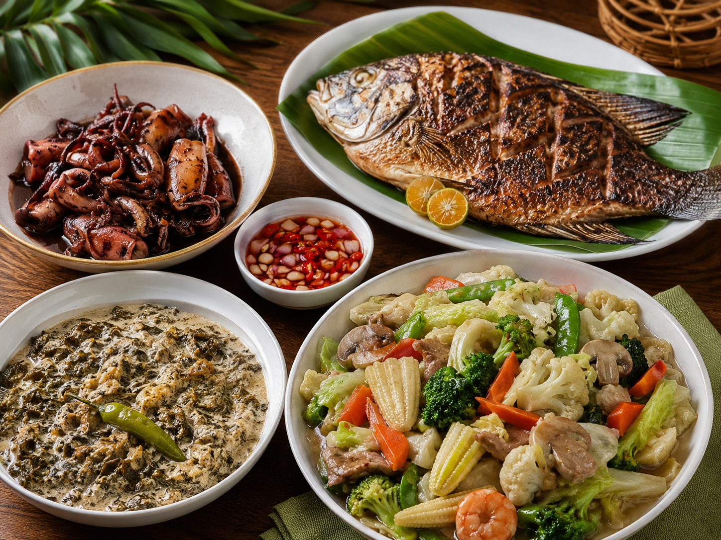 Filipino seafood and vegetable dishes